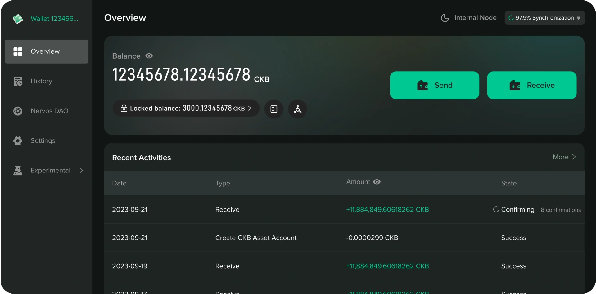 Neuron Wallet interface showing CKB balance, Nervos DAO and recent activity
