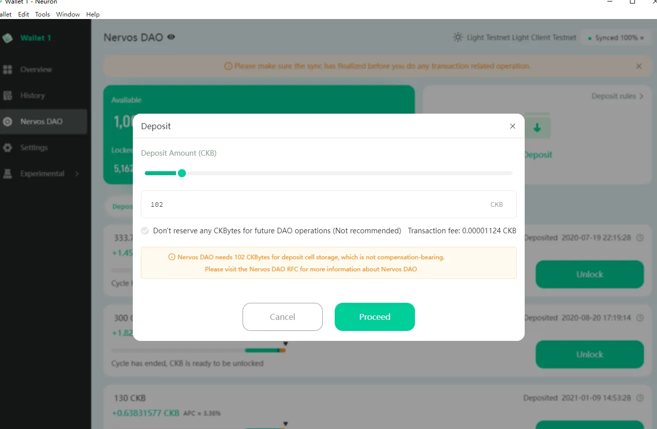 Neuron Wallet Nervos DAO deposit dialog with amount slider