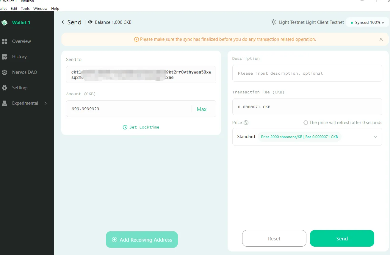Neuron Wallet Send screen with recipient address, amount and fee settings