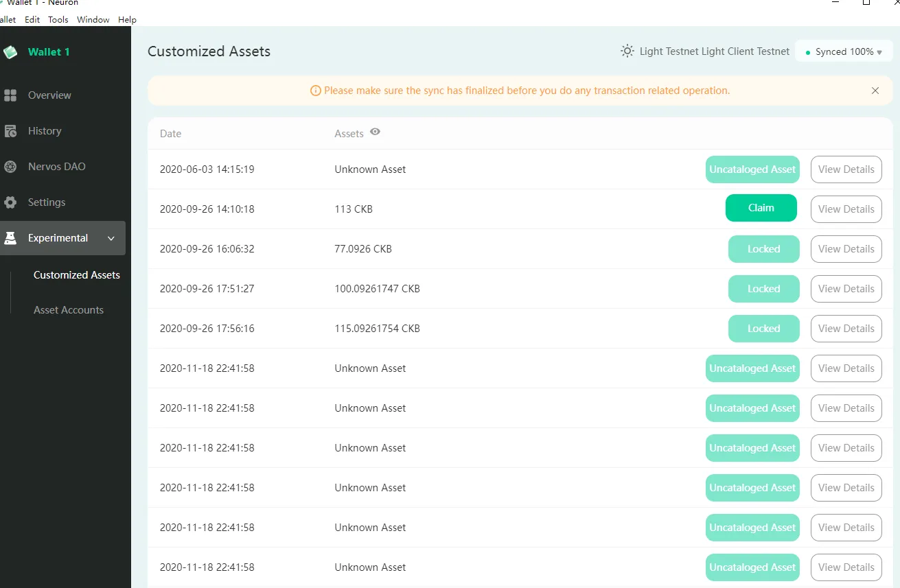 Neuron Wallet Customized Assets list with a Claim action available