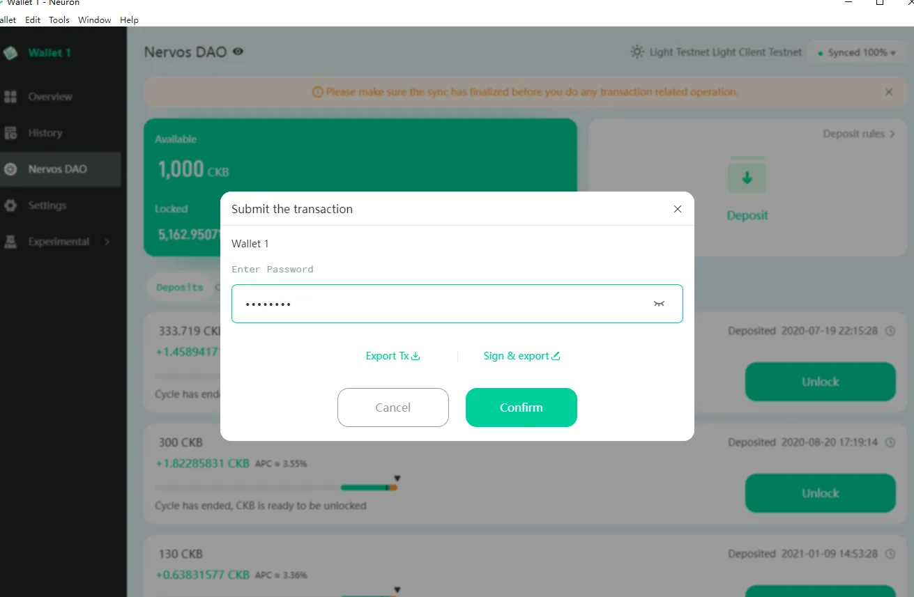 Neuron Wallet password dialog for submitting a transaction