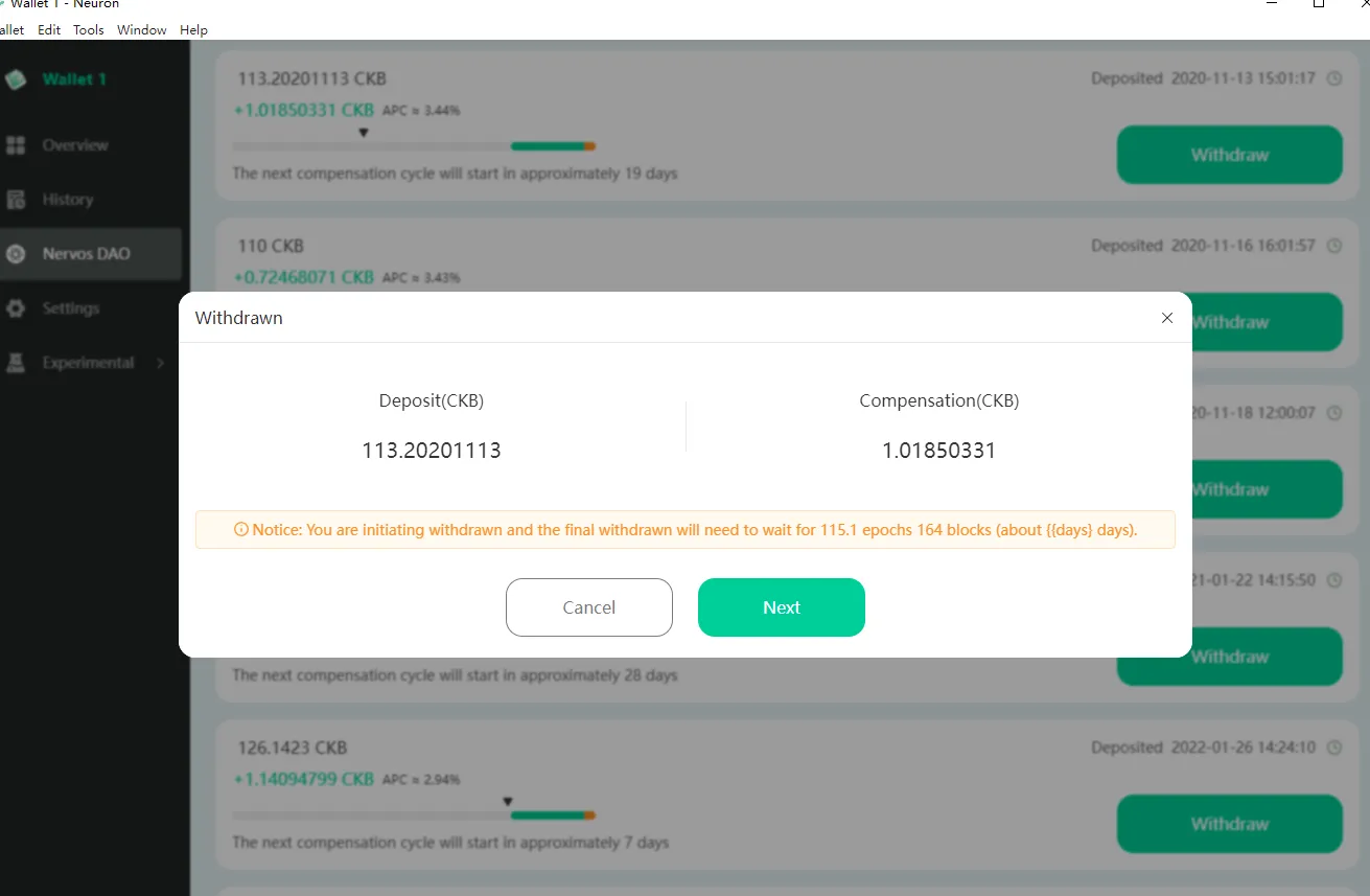 Neuron Wallet withdrawn dialog showing deposit and compensation amounts
