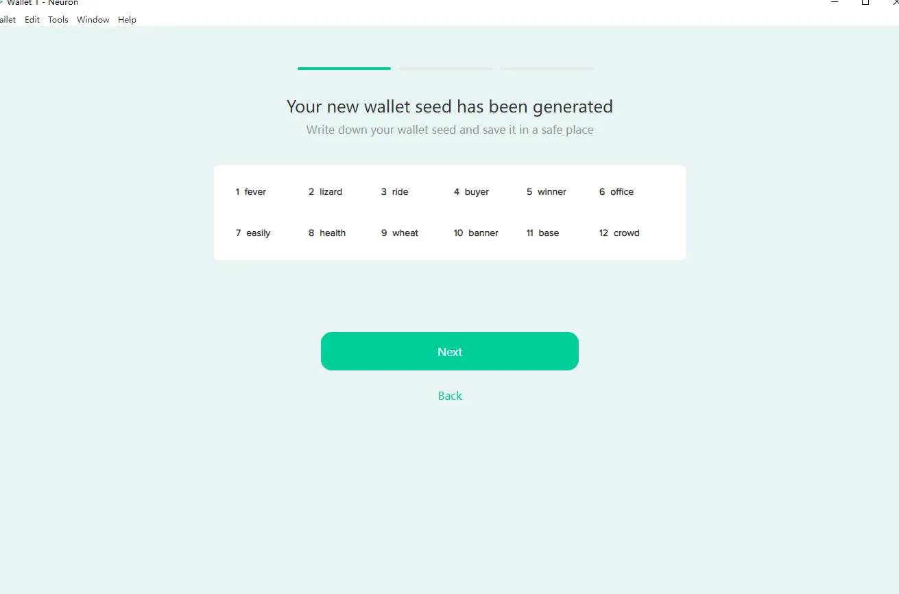 Neuron Wallet showing a newly generated 12-word wallet seed
