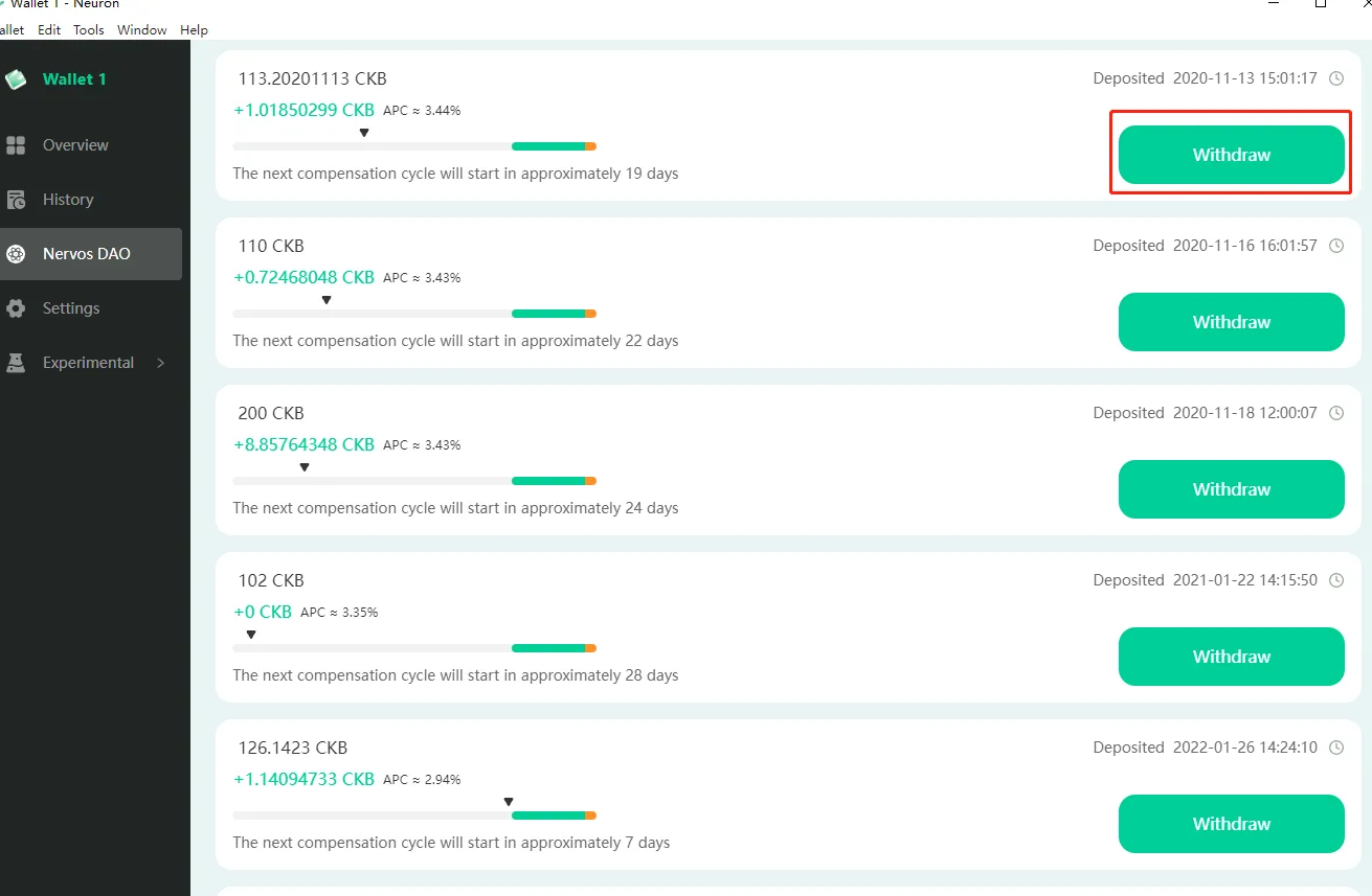 Neuron Wallet Nervos DAO deposit list with withdraw buttons and cycle progress