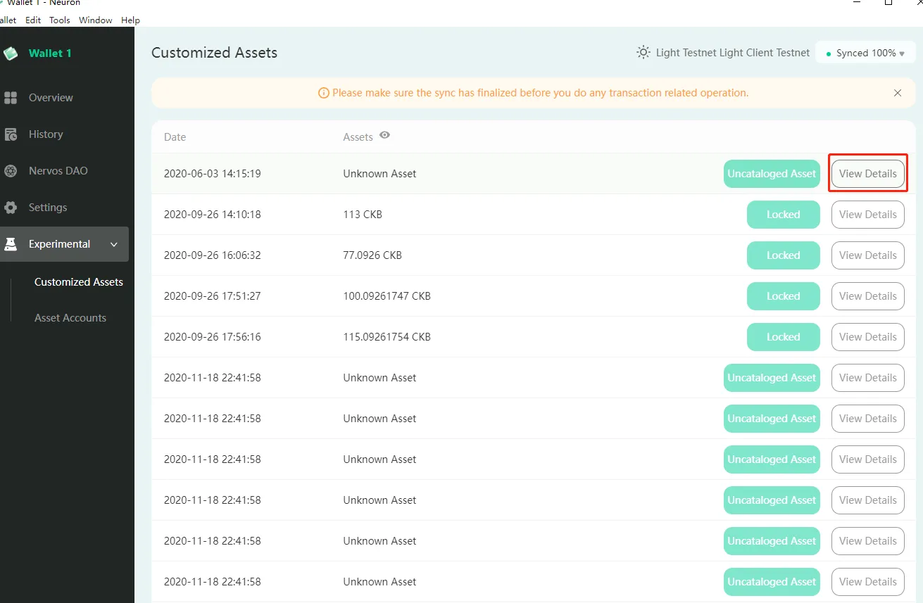 Neuron Wallet Customized Assets list under the Experimental menu